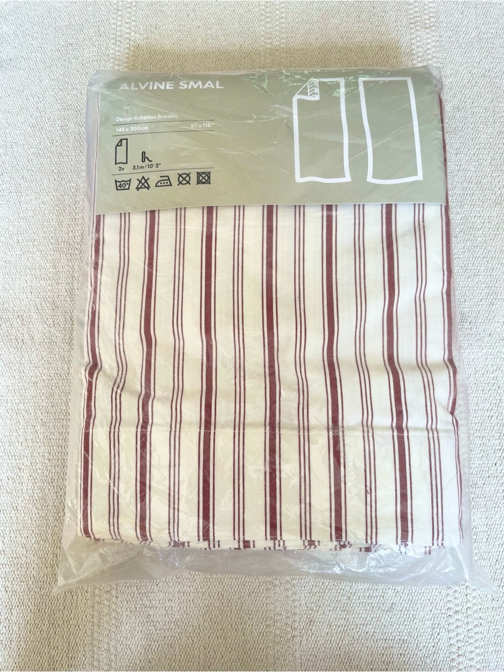 2 IKEA Alvine Smal Curtains Drapes Panels Red/White Ticking Stripe 57 x 118” New